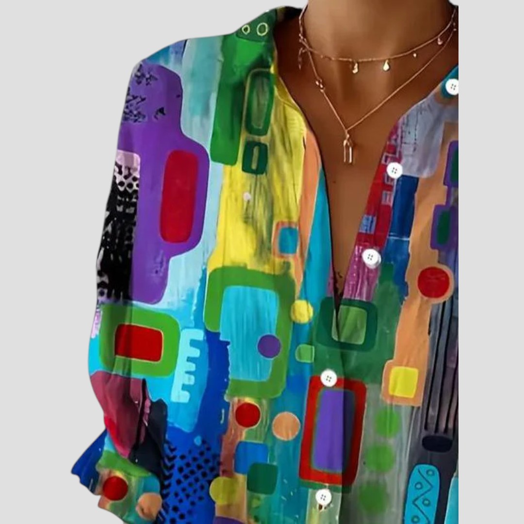 Kvinders Bluse | Geometrisk Print Knap Front