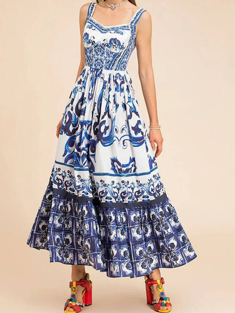 Kvinders Boho Midi Kjole | Fyrkantet Halsudskæring