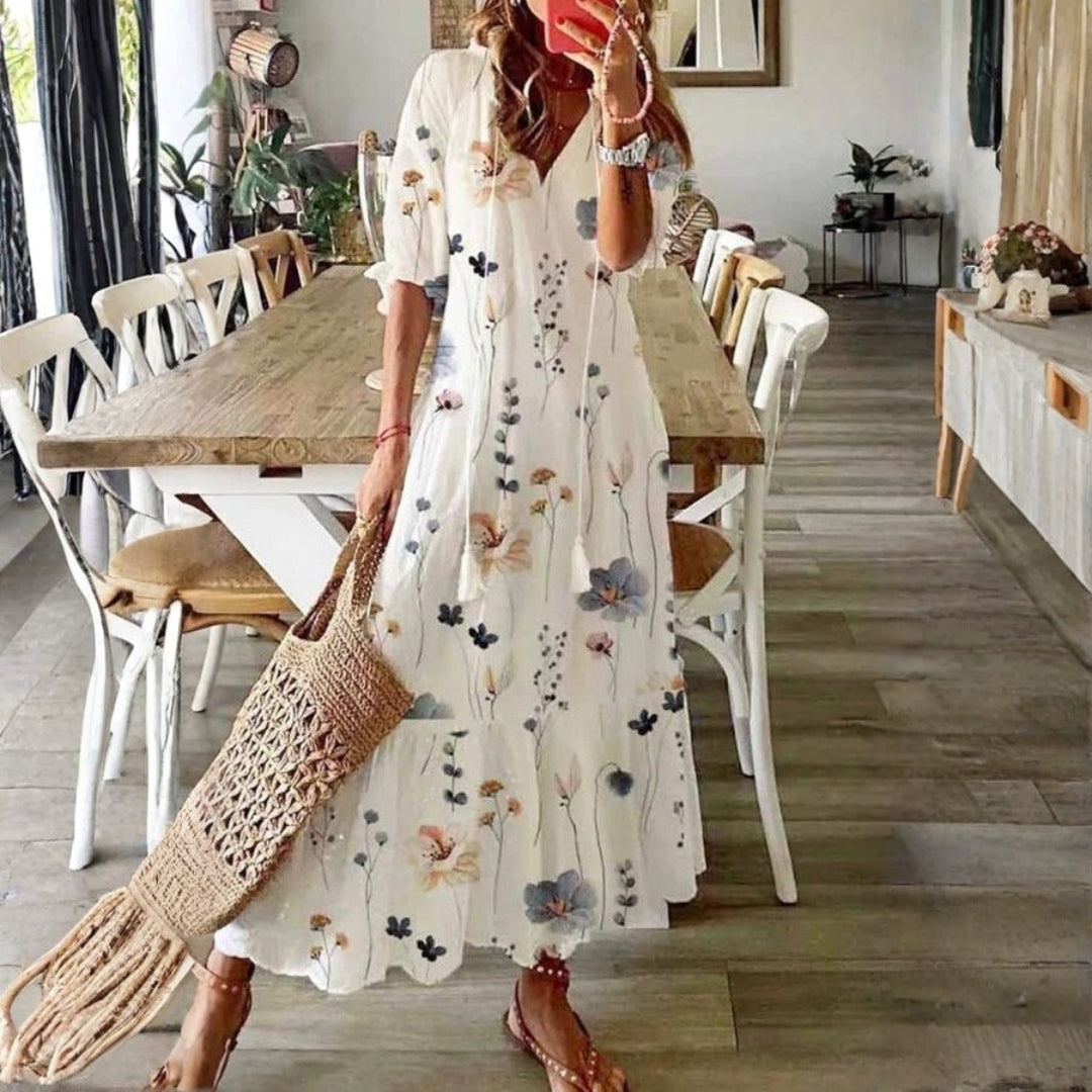 Kvinders Boho Maxi Kjole | Korte Ærmer Blomster