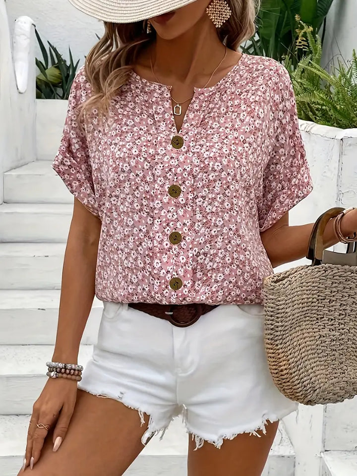 Kvinders Bluse | Blomsterprint Knapfront Udsnit