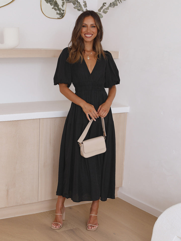 Kvindernes Cocktail Midi Kjole | Smocked V-Hals