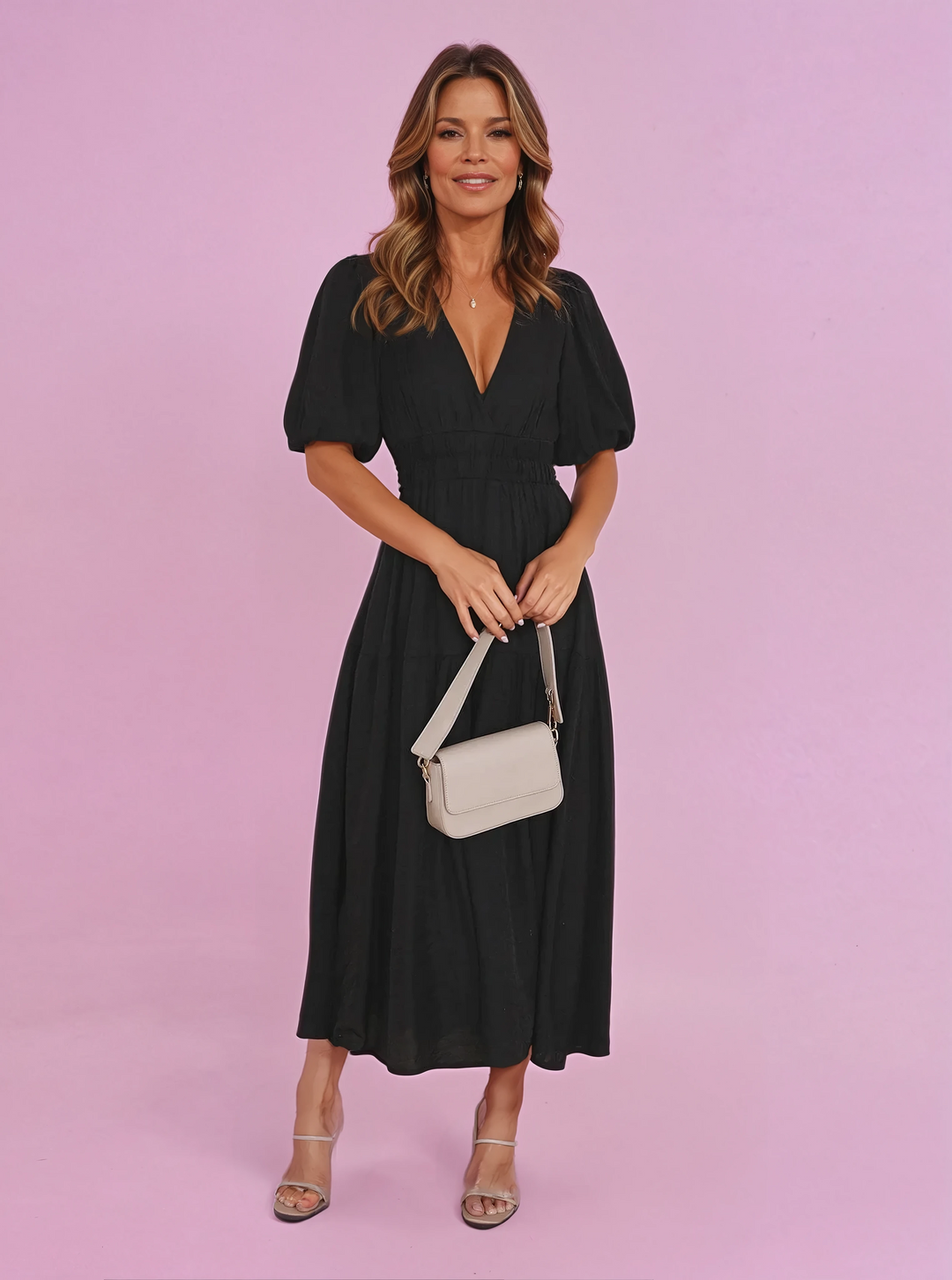 Kvindernes Cocktail Midi Kjole | Smocked V-Hals