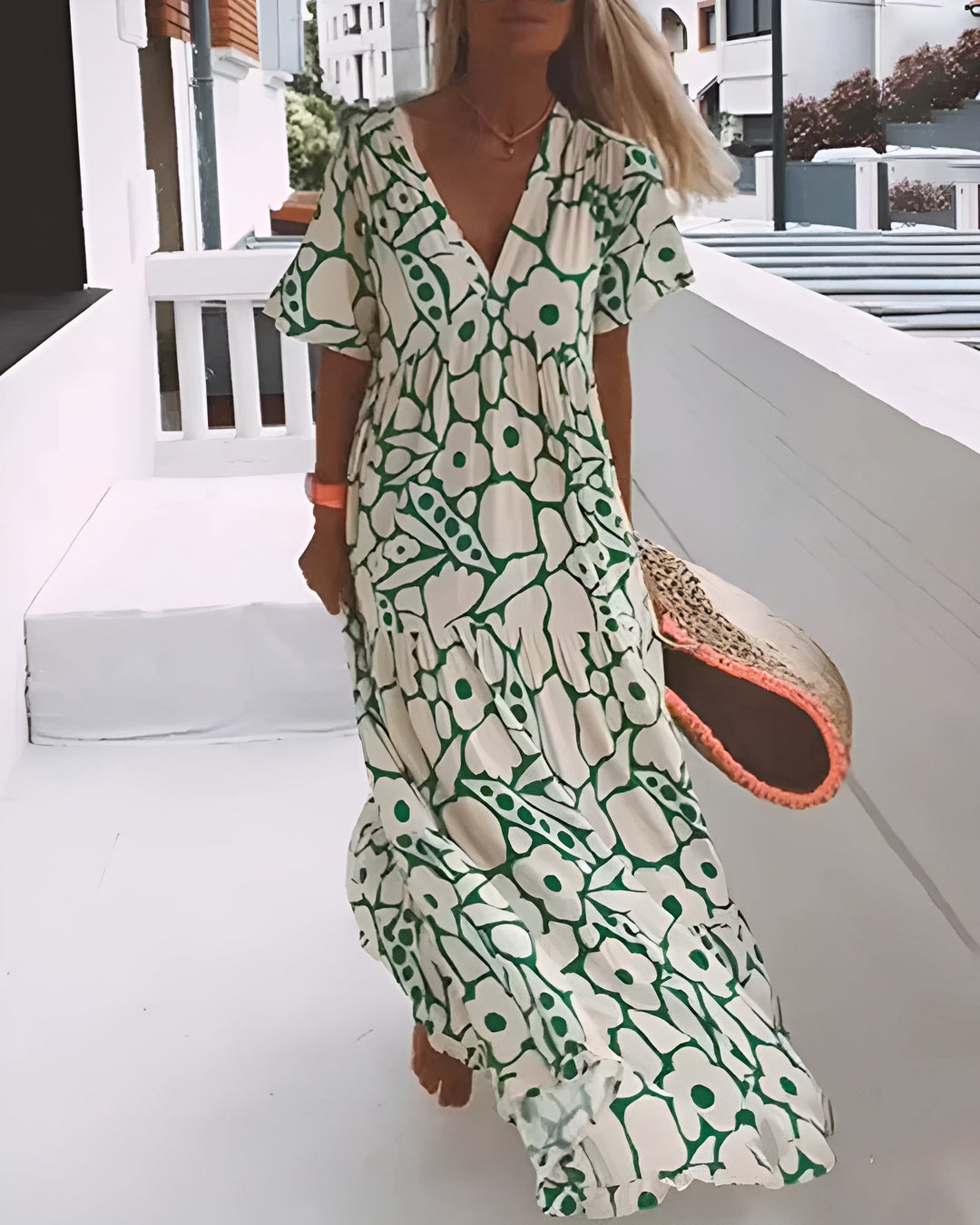 Kvinders Sommerkjole | V-Hals Abstrakt Print Maxi
