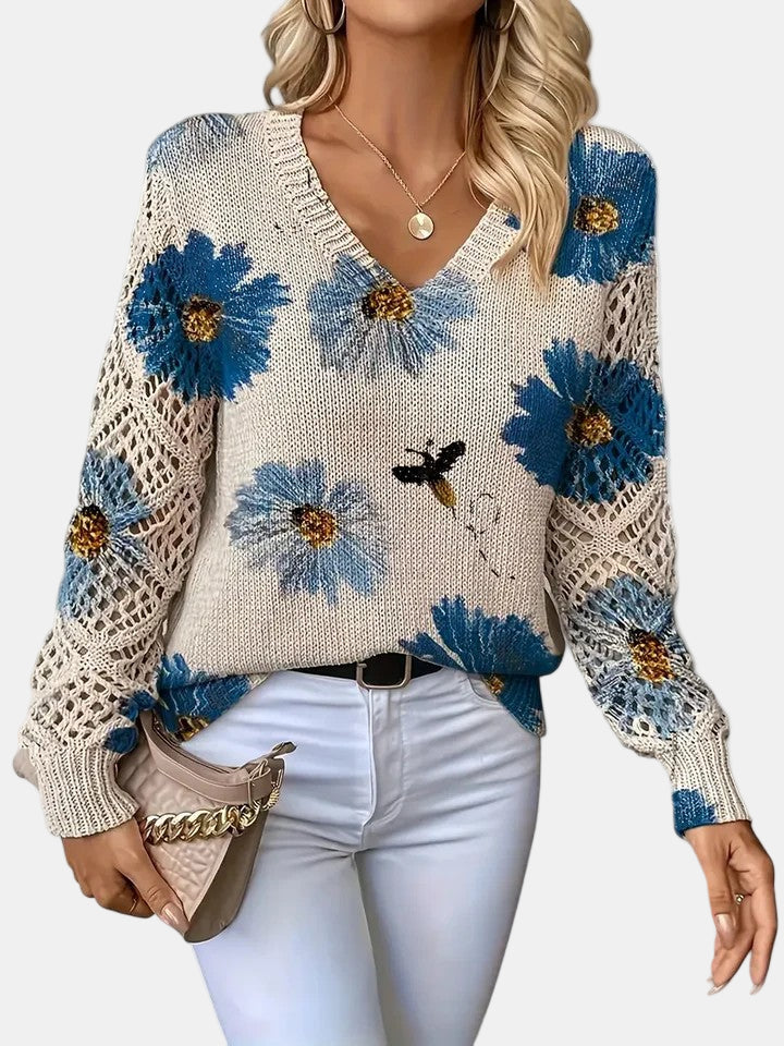 Kvinders Sweater | Blomsterstrikket V-Hals