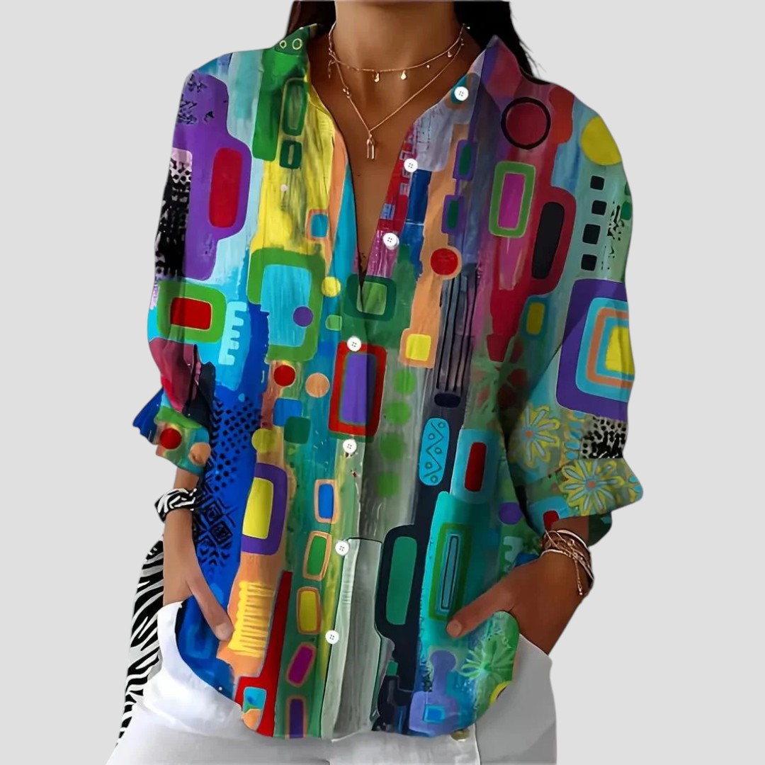 Kvinders Bluse | Geometrisk Print Knap Front