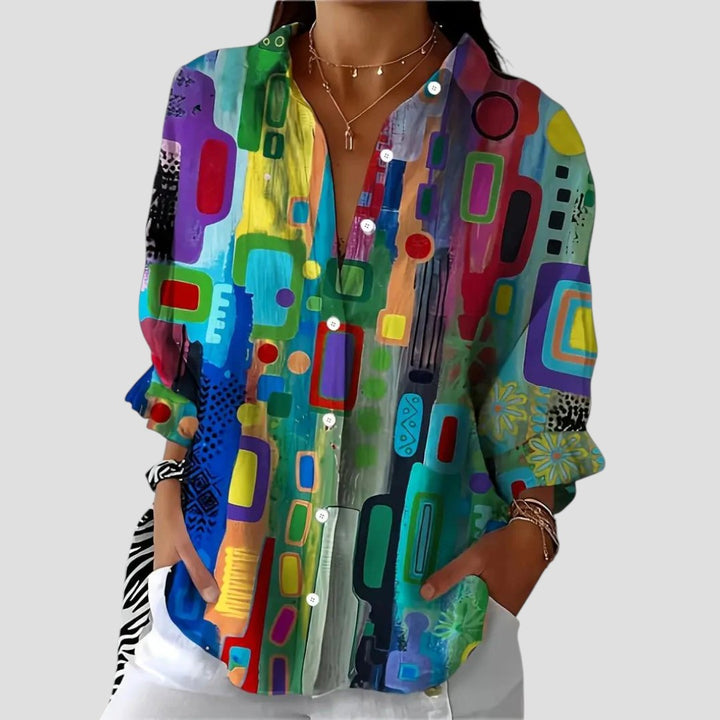 Kvinders Bluse | Geometrisk Print Knap Front