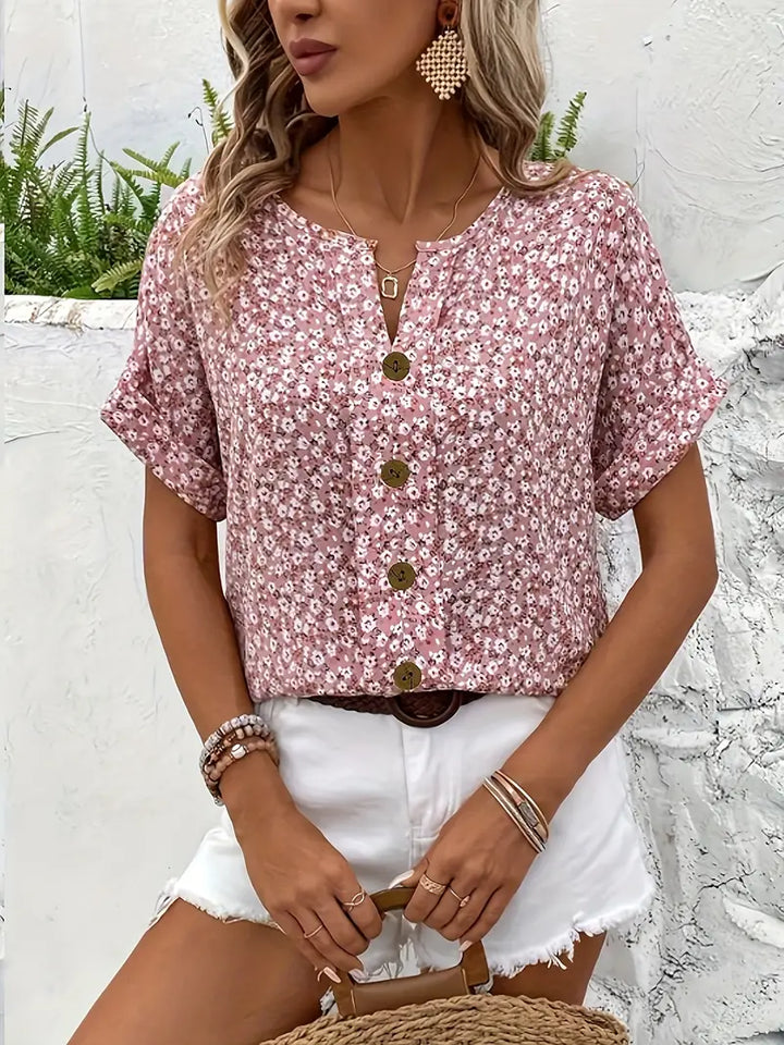 Kvinders Bluse | Blomsterprint Knapfront Udsnit