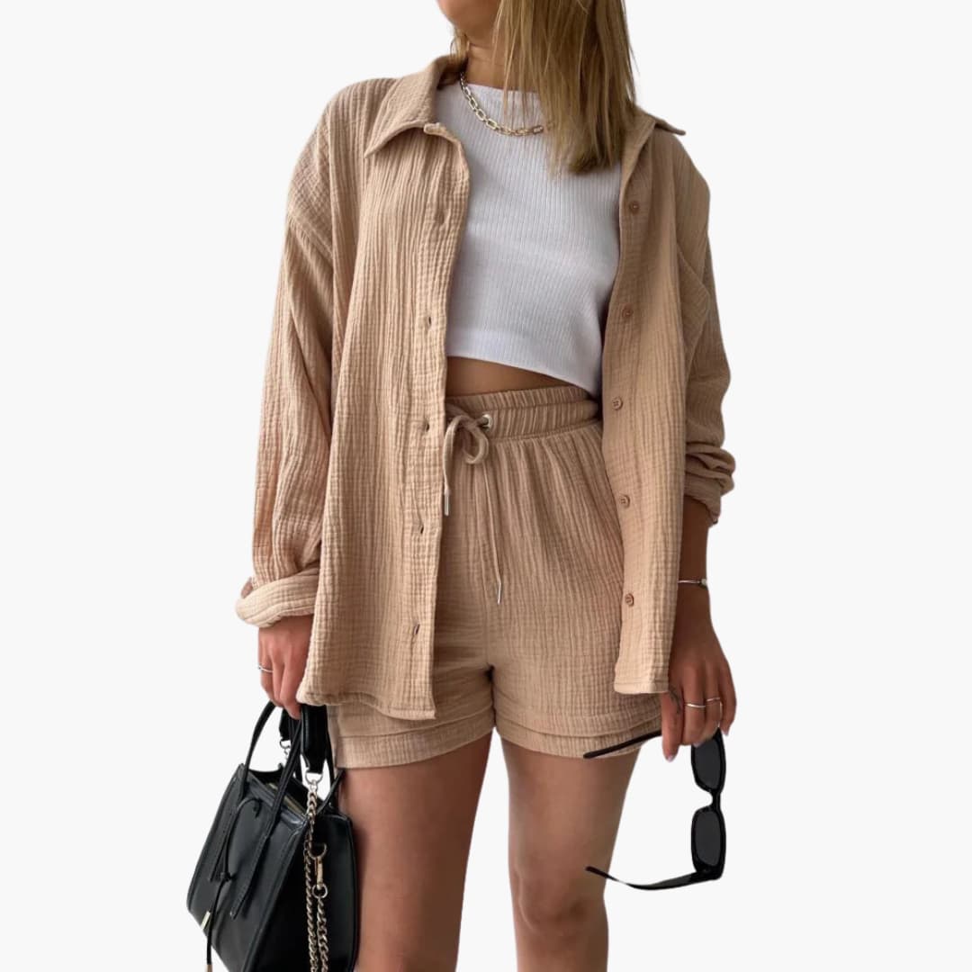 Kvinders Tre-delt Sæt | Knap-front Skjorte, Top, og Shorts