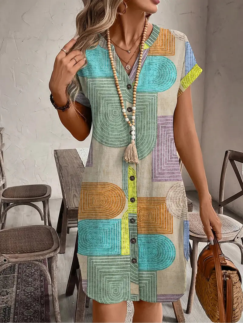 Kvinders Boho Mini Kjole | Knap-Front V-Hals