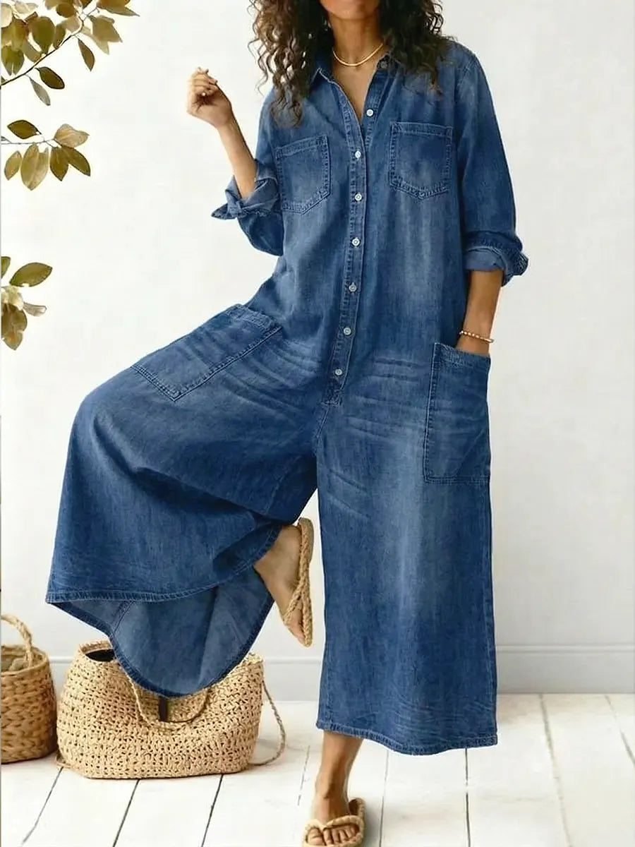 Dame Wide-Leg Jumpsuit | Langærmet Knap-Front