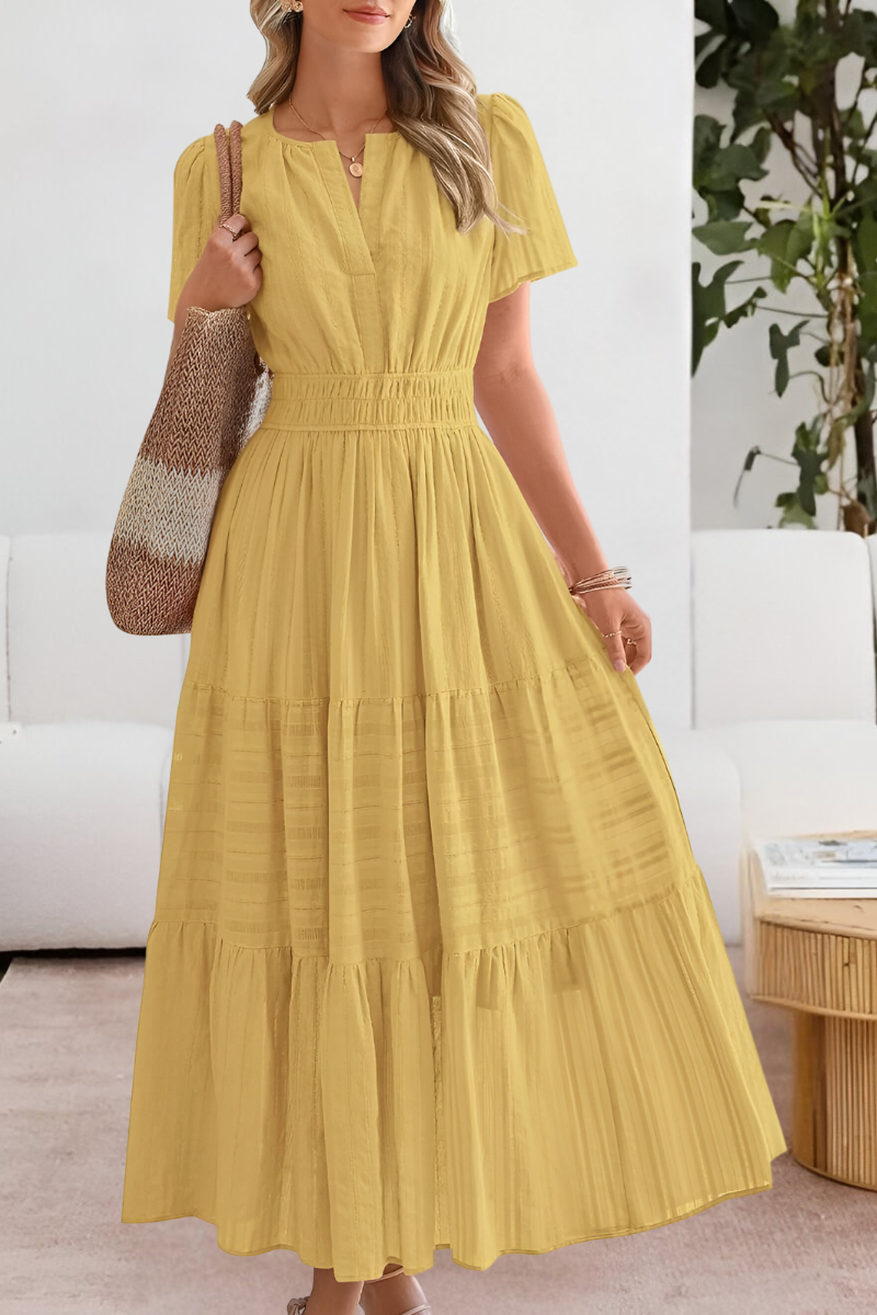 Kvindernes Boho Midi Kjole | Smocked Kort Ærme
