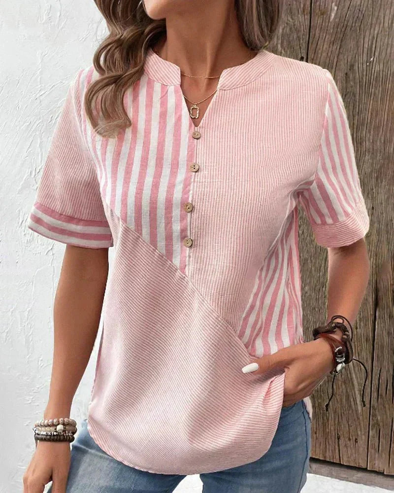 Kvinders Bluse | Stribet Panel Knap Front
