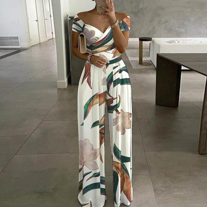 Kvinders Bredbenet Jumpsuit | Off-Shoulder Wrap Floral