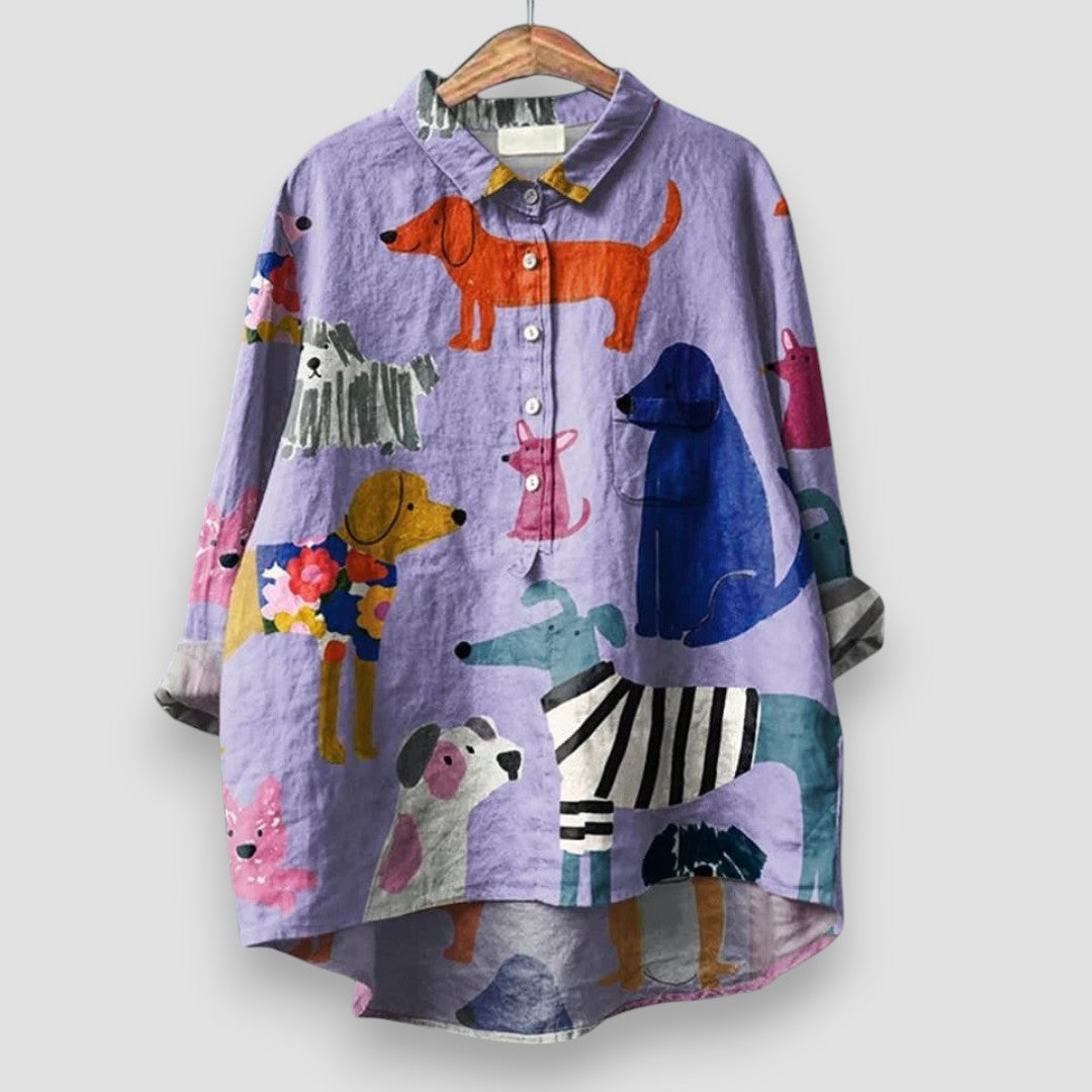 Kvinders Bluse | Hundetryk med Knapper