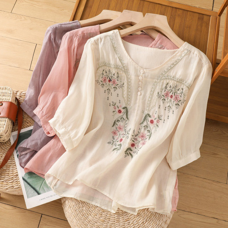 Kvinders Bluse | Broderet Rund Hals