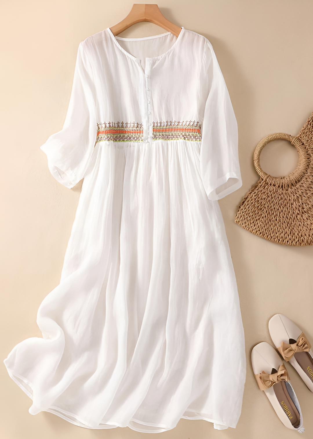 Kvinders Kjole | Broderet Maxi V-Hals
