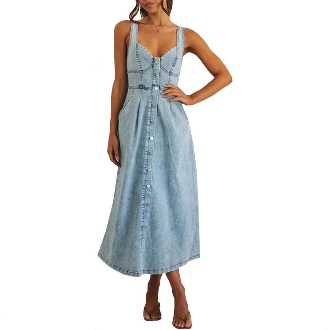 Kvindekjole | Klassisk Knappet Denim Midi