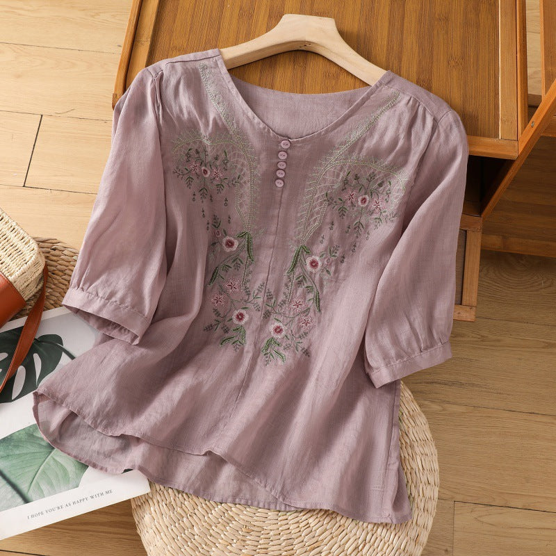 Kvinders Bluse | Broderet Rund Hals