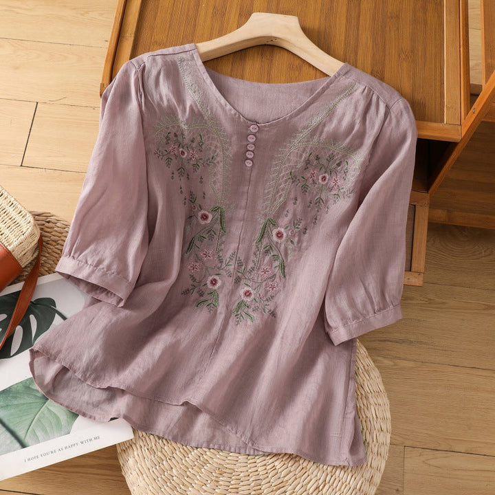 Kvinders Bluse | Broderet Rund Hals