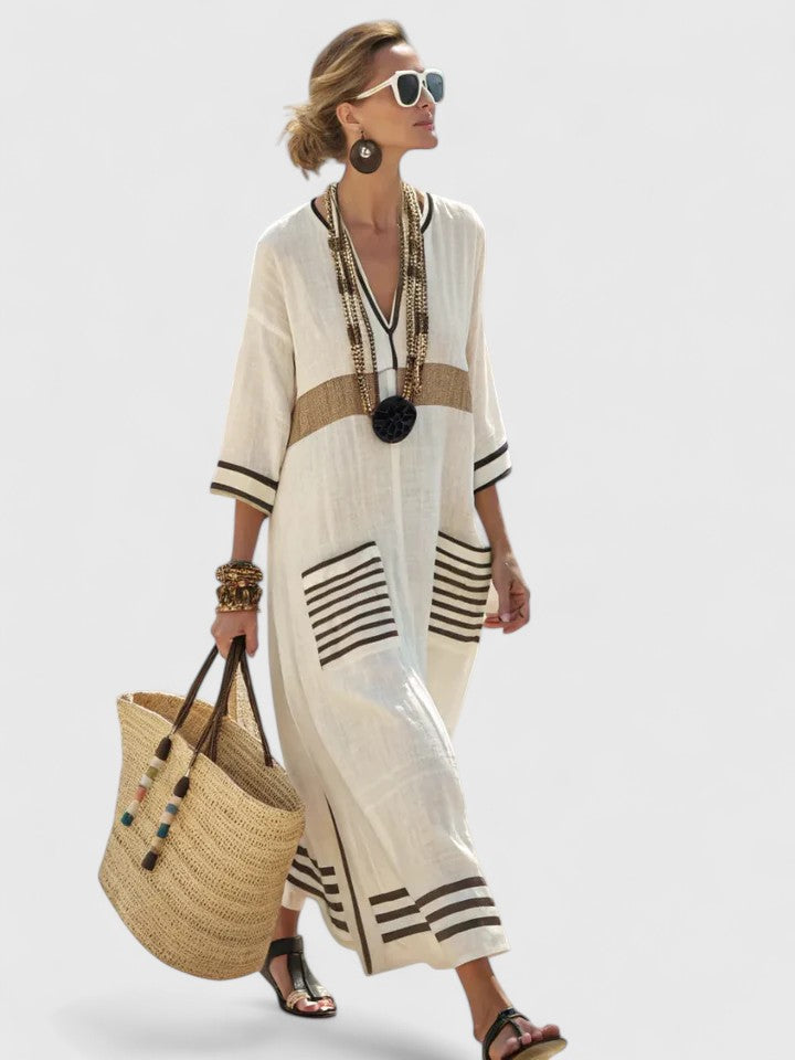 Kvinders Maxi Sommerkjole | V-Hals Stribet Kaftan