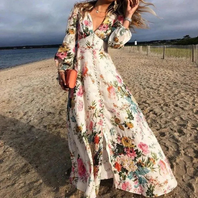 Kvinders Strand Maxi Kjole | Lange Ærmer Blomstret