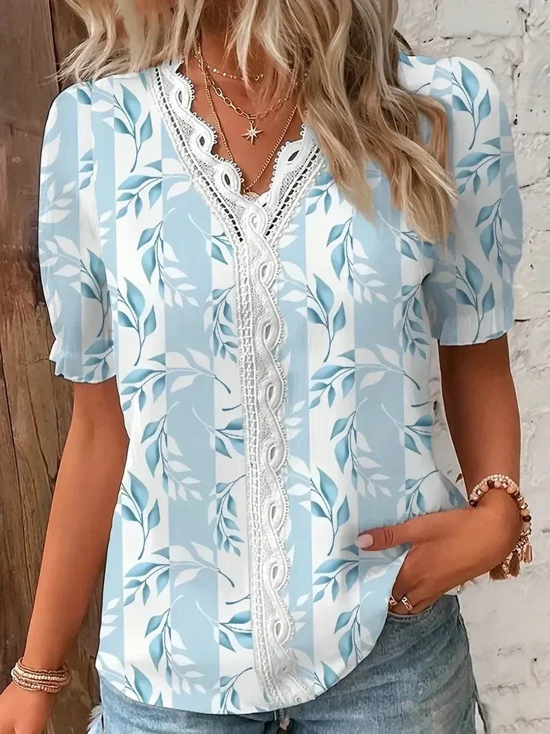 Kvinders Bluse | Blonde V-Hals Trykt