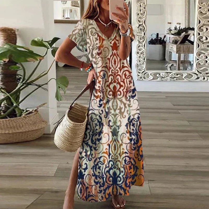 Kvindernes Boho Maxi Kjole | Korte Ærmer