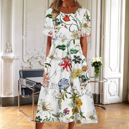 Kvinders Kjole | Blomster Midi Kort Ærme