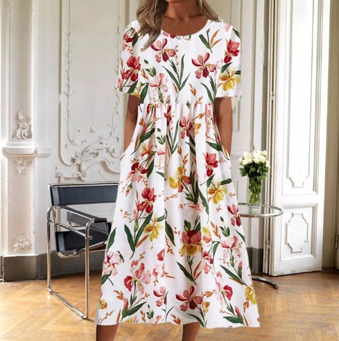 Kvinders Kjole | Blomster Midi Kort Ærme