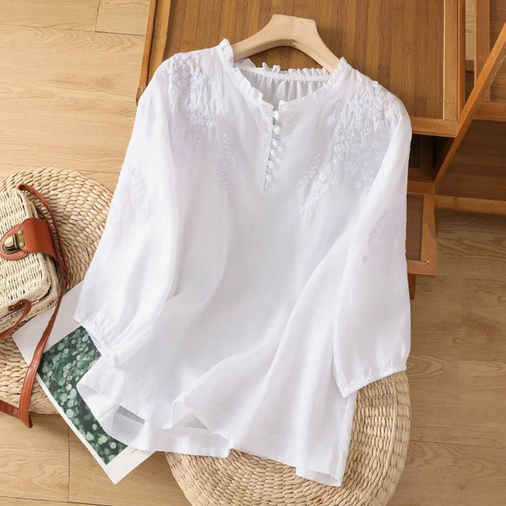 Kvinders Bluse | Broderet med Knap-Front