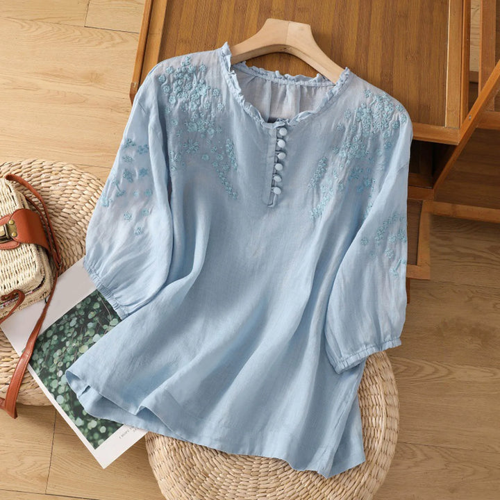 Kvinders Bluse | Broderet med Knap-Front