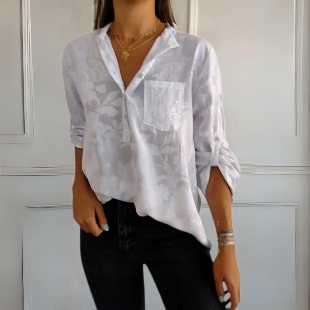 Kvinders Bluse | Blomster Mønster med Krave