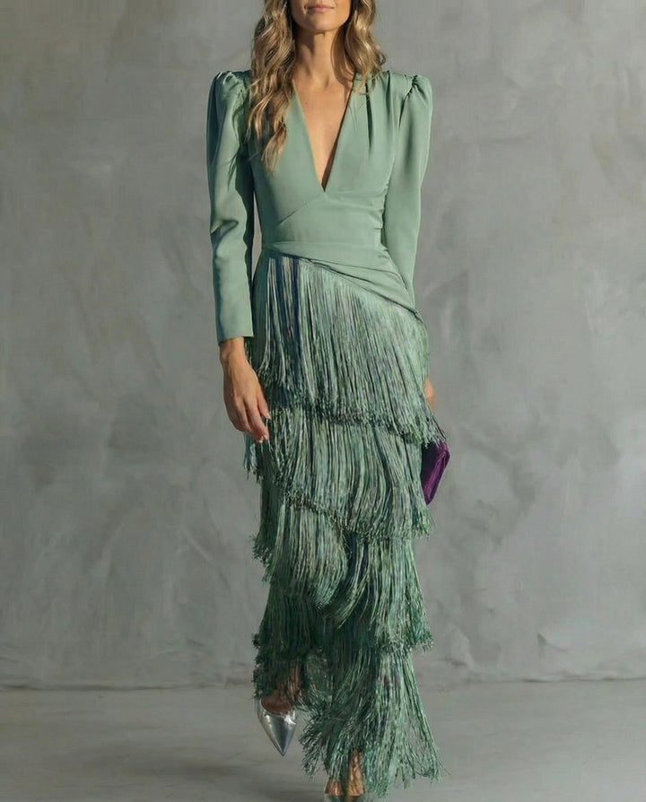 Kvinders Cocktail Maxi Kjole | V-Hals Frynse