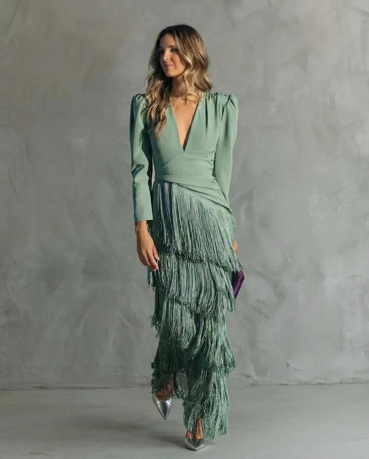 Kvinders Cocktail Maxi Kjole | V-Hals Frynse