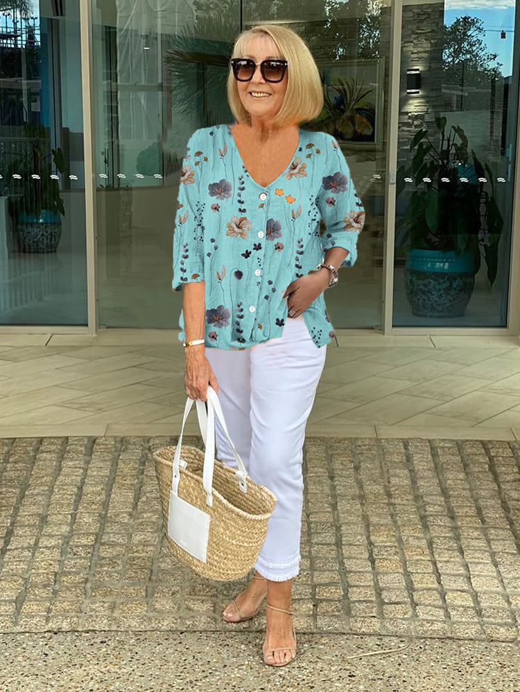 Kvinders Bluse | Blomstret med Knapfront