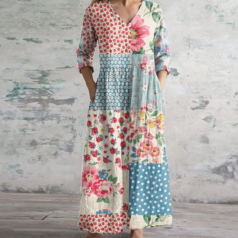 Kvinders Kjole | Patchwork Maxi V Uden Ærmer