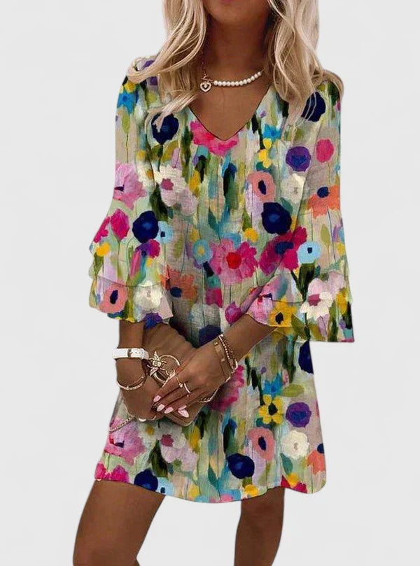 Kvinders Mini Sundress | V-Hals Bell Ærme