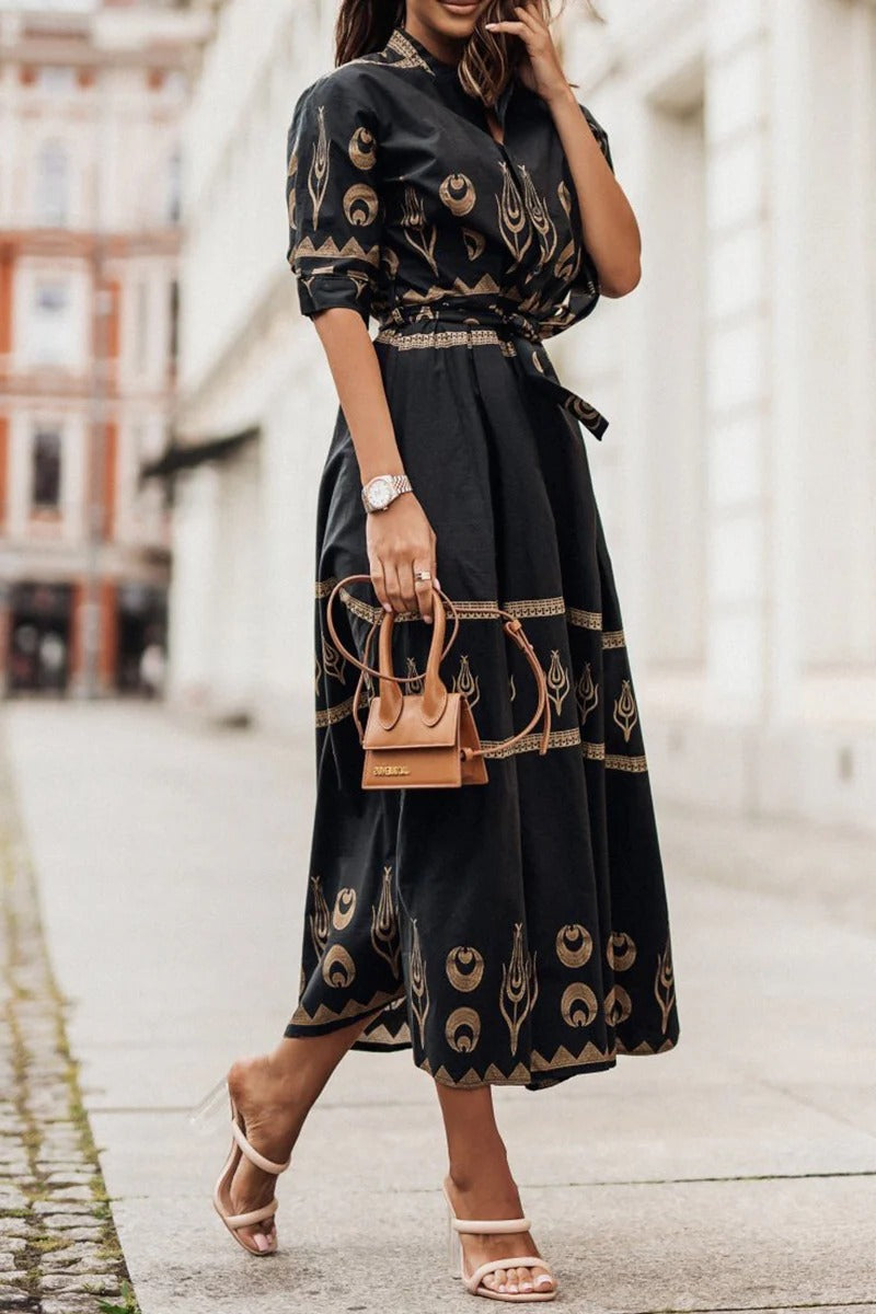 Kvinders Boho Midi Kjole | Printet Med Bælte
