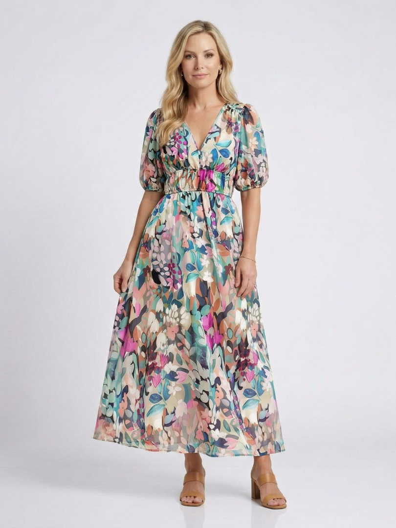Kvindernes Boho Midi Kjole | V-Hals Blomster