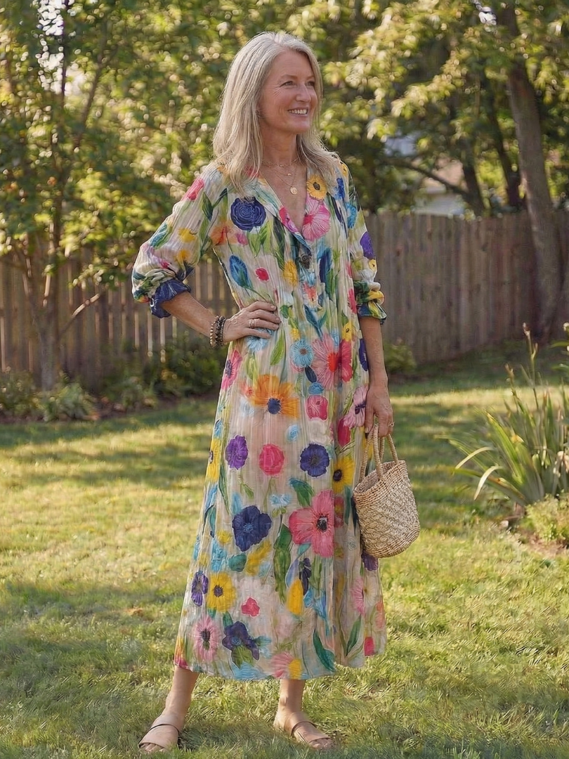 Kvinders Boho Midi Kjole | Knap-Front Blomster