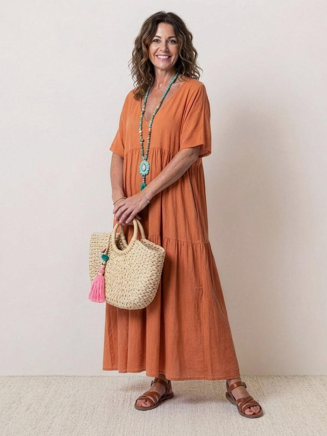 Kvinders Boho Maxi Kjole | V-Hals Lagdelt