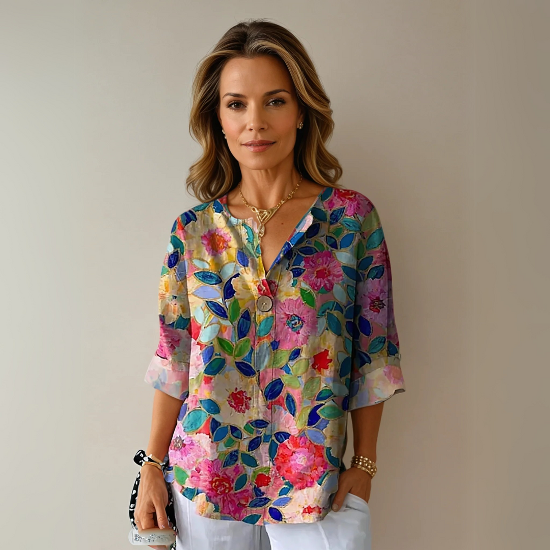 Kvinders Bluse | Blomsterprint Knap-Front Lukning