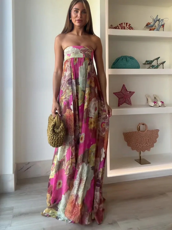 Kvindernes Bryllupsgæst Maxi Kjole | Strapless Blomstret